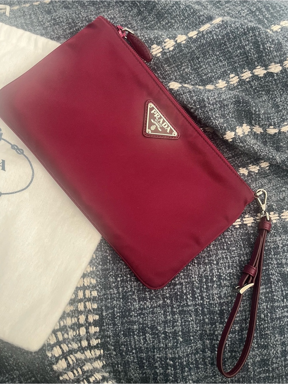 Prada Deep Burgundy Nylon Wristlet Clutch with Logo Plaque